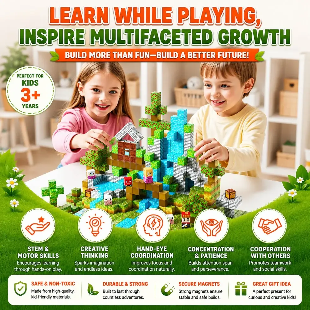 Kids learning and playing together with magnetic blocks